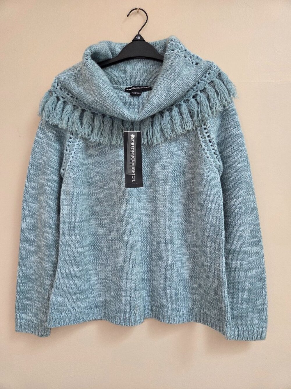 Norton Mcnaughton Women's S Heather Blue Fringe Trim Cowl Neck Sweater Boho Chic